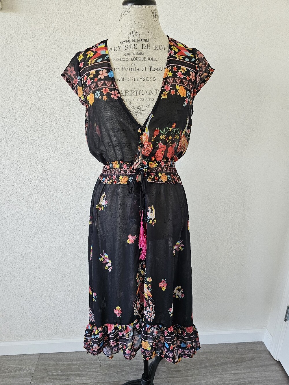 Floral Black Sheer Swim Coverup Dress With Flower And Bird Print One Size